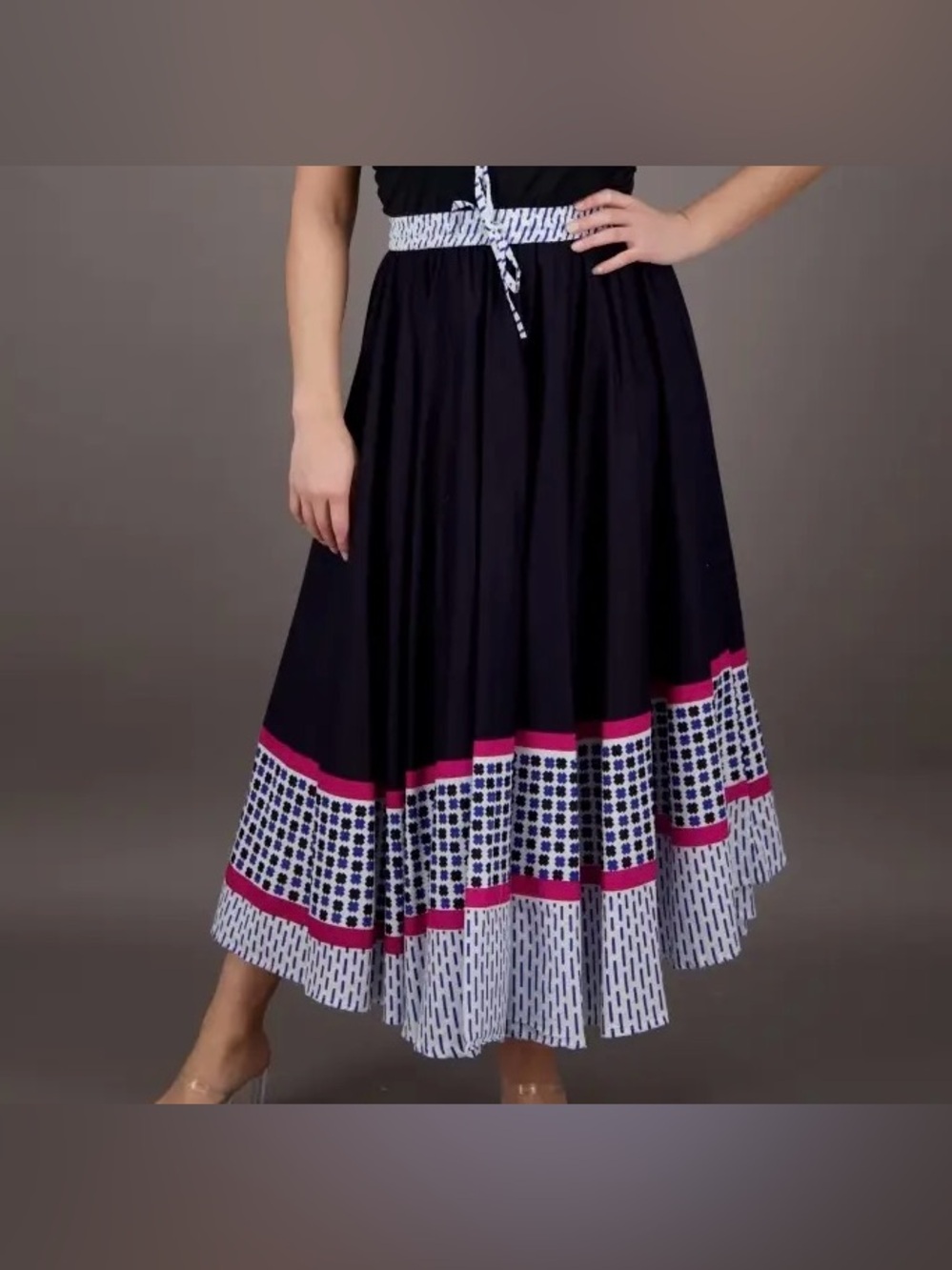 Advance Apparels One Size Black Maxi Skirt with Pink/Blue and White accent NWT